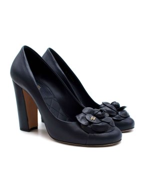 Chanel Navy Block Heel Camellia Pumps