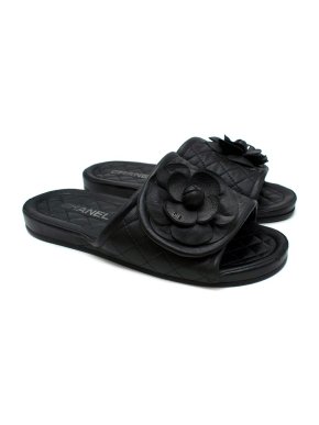 Chanel Camellia Embellished Black Leather Slides