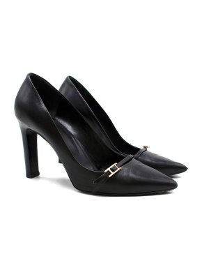 Hermes Hapi Buckle Black Leather Point Toe Pumps