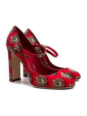 Dolce & Gabbana Red & Gold Sacred Heart Satin Mary Jane Pumps