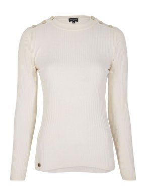 Chanel Ivory Ribbed Knit CC Logo Button Jumper