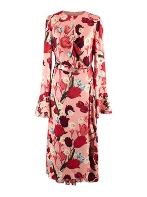 Mother of Pearl Floral Printed Pleated Silk Dress