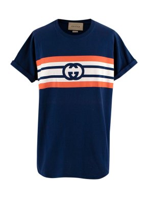 Gucci Stripe Interlocking GG Blue Cotton T-Shirt