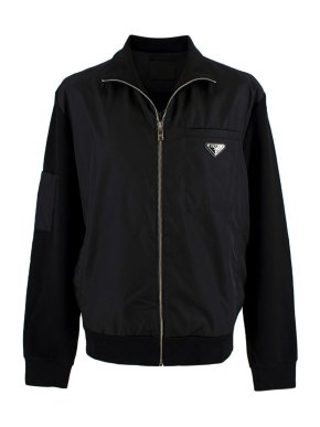 Prada Black Satin Logo Plaque Bomber Jacket