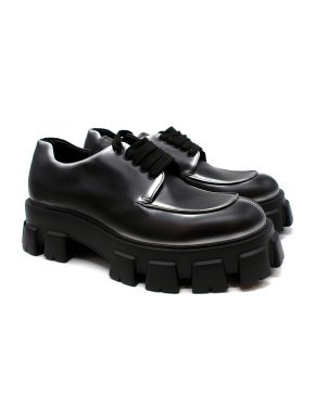 Prada Monolith Brushed Black/Silver Leather Derby Shoes
