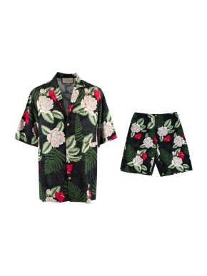 Gucci Green Floral Print Satin Jacquard Shirt & Shorts