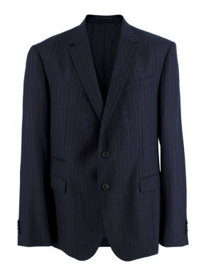 Versace Navy Pinstripe Logo Script Blazer