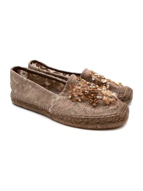 Dolce & Gabbana Golden Beige Lace Crystal Embellished Espadrilles