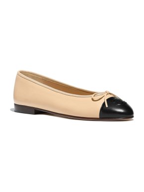 Chanel Beige Leather Cap Toe CC Ballet Flats