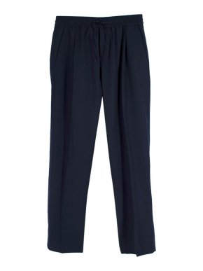 Versace Embroidered Script Logo Navy Wool Trousers
