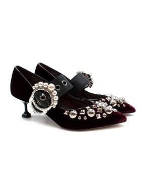 Miu Miu Burgundy Velvet Embellished Kitten Heel Mary Jane Pumps