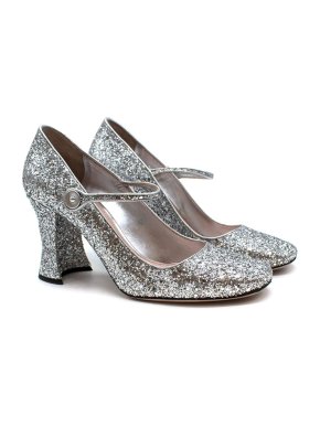 Miu Miu Silver Glitter Mary Jane Pumps