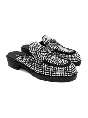 Prada Embellished Silver Crystal Slip On Loafers