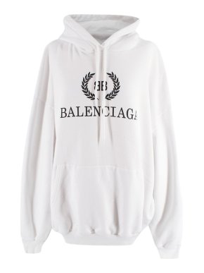 Balenciaga Crest Logo Printed White Cotton Blend Hoodie