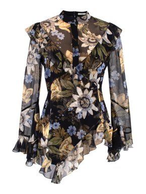 Erdem Wanda Black Floral Printed Silk Asymmetric Top