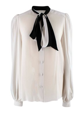 Givenchy Cream and Black Puff Sleeve Pussybow Blouse