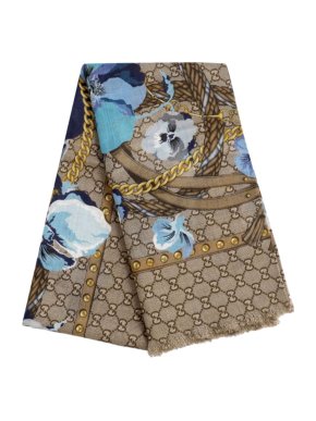 Gucci GG Supreme Oshibana Flower Printed Wool Scarf