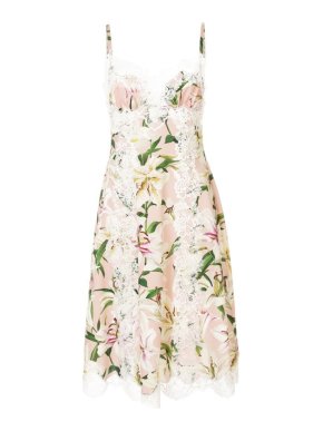 Dolce & Gabbana Lily Printed Lace Trimmed Pink Silk Midi Dress