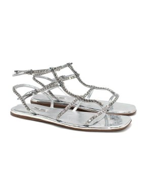 Miu Miu Crystal Embellished Silver Leather Flat Sandals