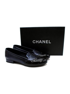 Chanel Blue & Patent Leather CC Loafers