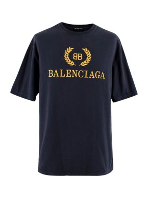 Balenciaga Crest Logo Printed Navy Cotton T-Shirt