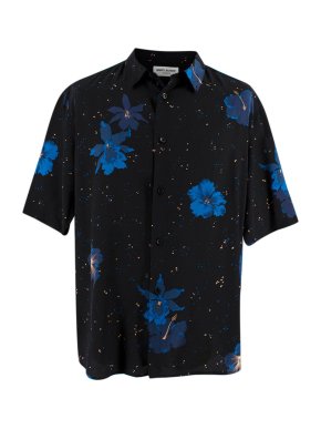 Saint Laurent Black Tropical Floral Print Silk Crepe Shirt