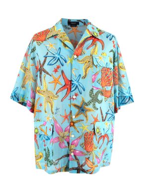 Versace Blue Starfish Printed Short Sleeved Cotton Shirt