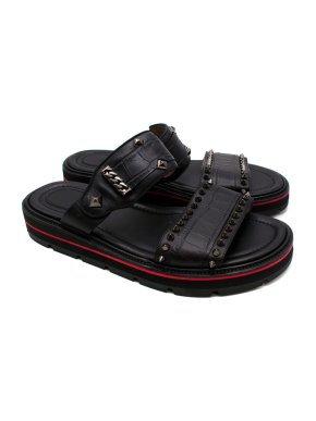 Christian Louboutin Black Leather Croc Embossed Studded Sandals