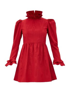 Batsheva Red High Neck Moire Long Sleeved Mini Dress