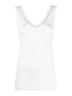 Brunello Cucinelli Bead Embellished V-Neck White Cotton Vest Top