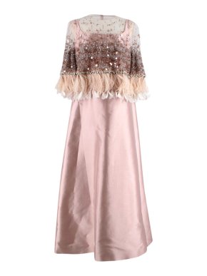Prada Pink Silk A-line Gown with Crystal & Feather Embellished Cape Overlay
