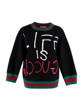 Life Is Gucci Ghost Web Trimmed Black Cotton Jumper