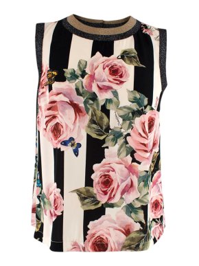 Dolce & Gabbana Black & White Striped Rose Print Sleeveless Top