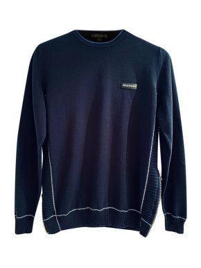 Balmain Side Zipper Detail Navy Cotton Blend Jumper