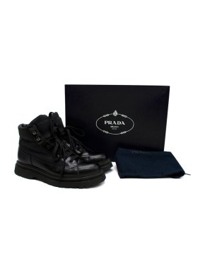 Prada Spazzolato Leather and Canvas Combat Boots