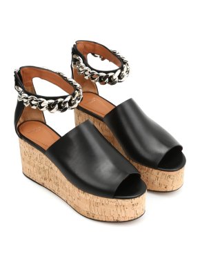 Givenchy Chain Strap Black Leather & Cork Wedge Sandals