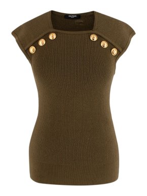 Balmain Gold Button Detail Khaki Knit Vest
