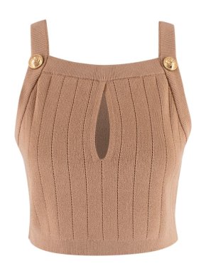 Balmain Tan Knit Cutout Cropped Top