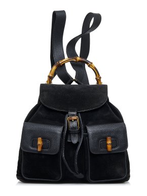 Gucci Black Suede Multi Pocket Bamboo Backpack