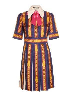 Gucci Silk Sylvie Chain Print Pleated Dress