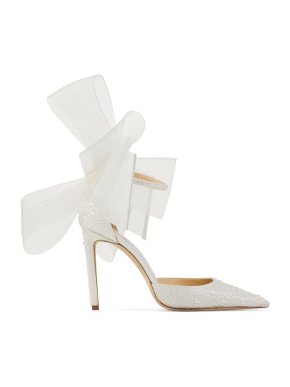 Jimmy Choo Averly 100 White Embellished Asymmetric Bow Pumps