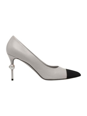 Chanel Grey Leather CC Pearl Heel Pumps