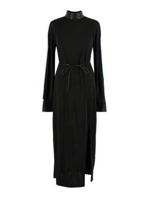 Helmut Lang Leather Trimmed Black Long Sleeved Maxi Dress