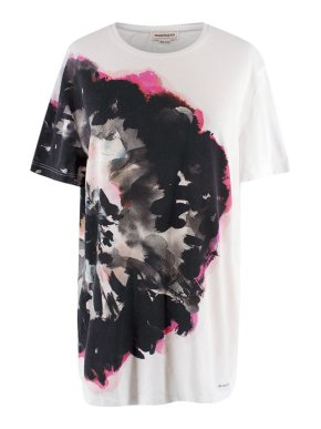 Alexander McQueen Ink Floral Printed White Cotton T-Shirt