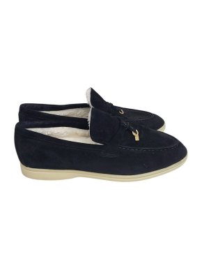 Loro Piana Summer Walk Fur Lined Navy Suede Loafers