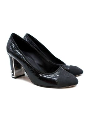 Chanel Black Crinkled Patent Calfskin Block Heel Pumps