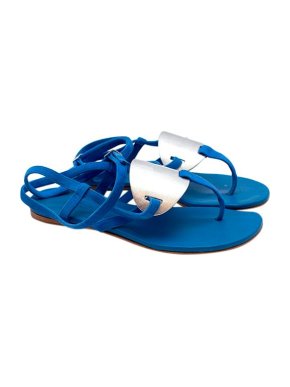 Hermes Blue Suede Ankle Wrap Thong Sandals