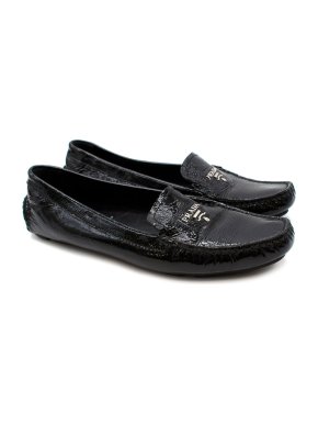 Prada Black Crackled Patent Driving Loafers