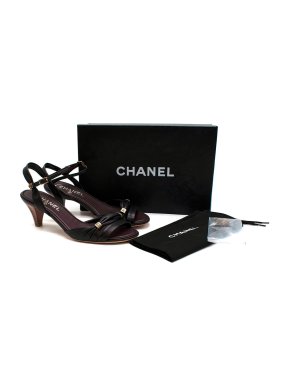 Chanel Wooden Kitten Heel Black Leather Sandals