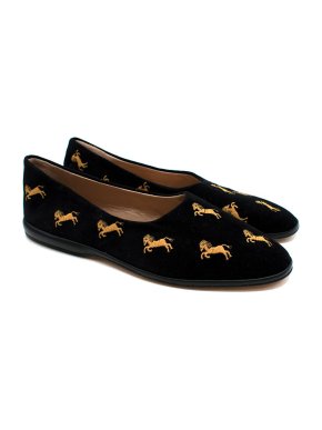 Chloe Black Velvet Horse Embroidered Ballet Flats